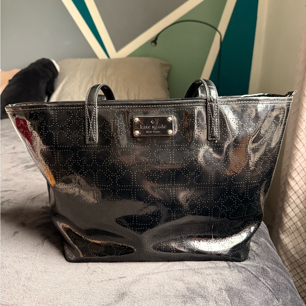 Kate Spade Black Perforated Harmony Metro Patent Leather Heart Tote Bag